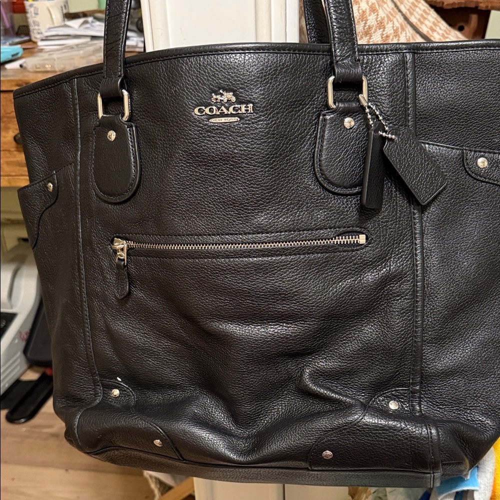 Coach Black Leather butter soft  Tote with Silver Accents oversized sturdy